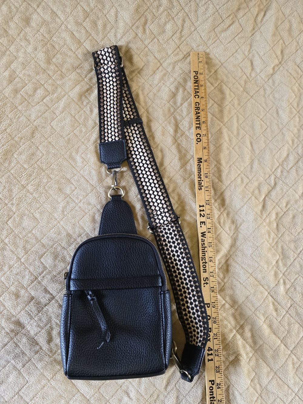 Black Faux Leather Crossbody Sling Bag with Patterned Strap